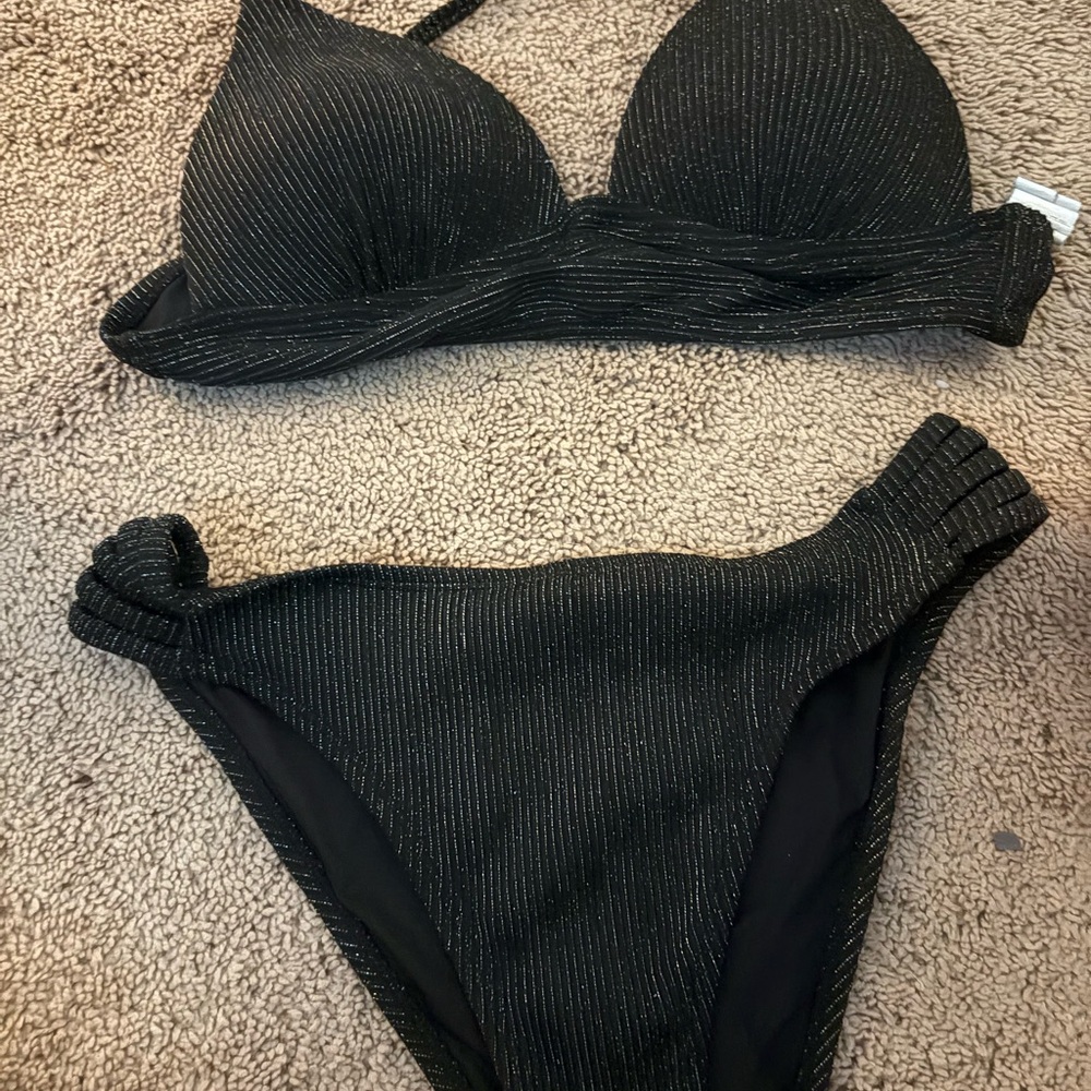Cupshe Black Bikini with Silver Stripes
